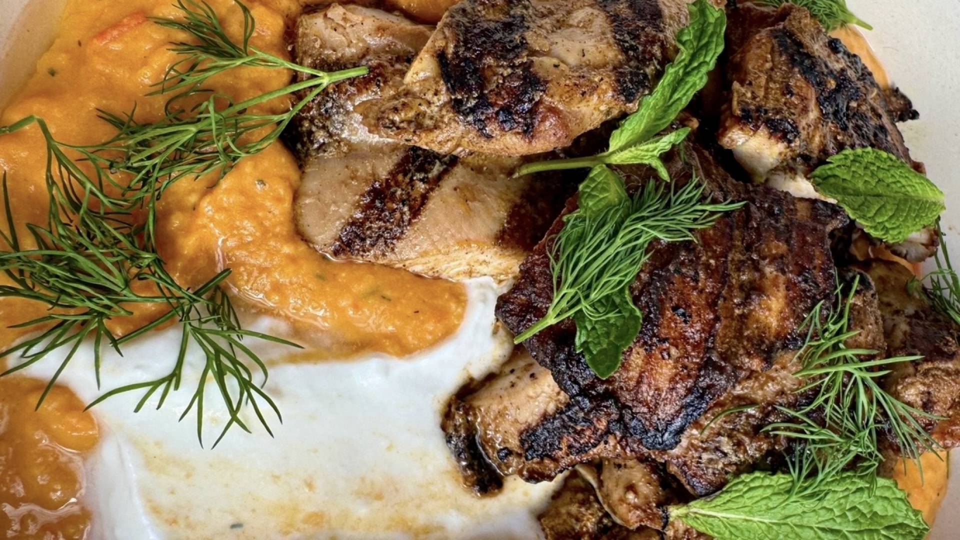 Ancho Honey Chicken // Roasted Carrot & Harissa Hummus with Yogurt & Dill