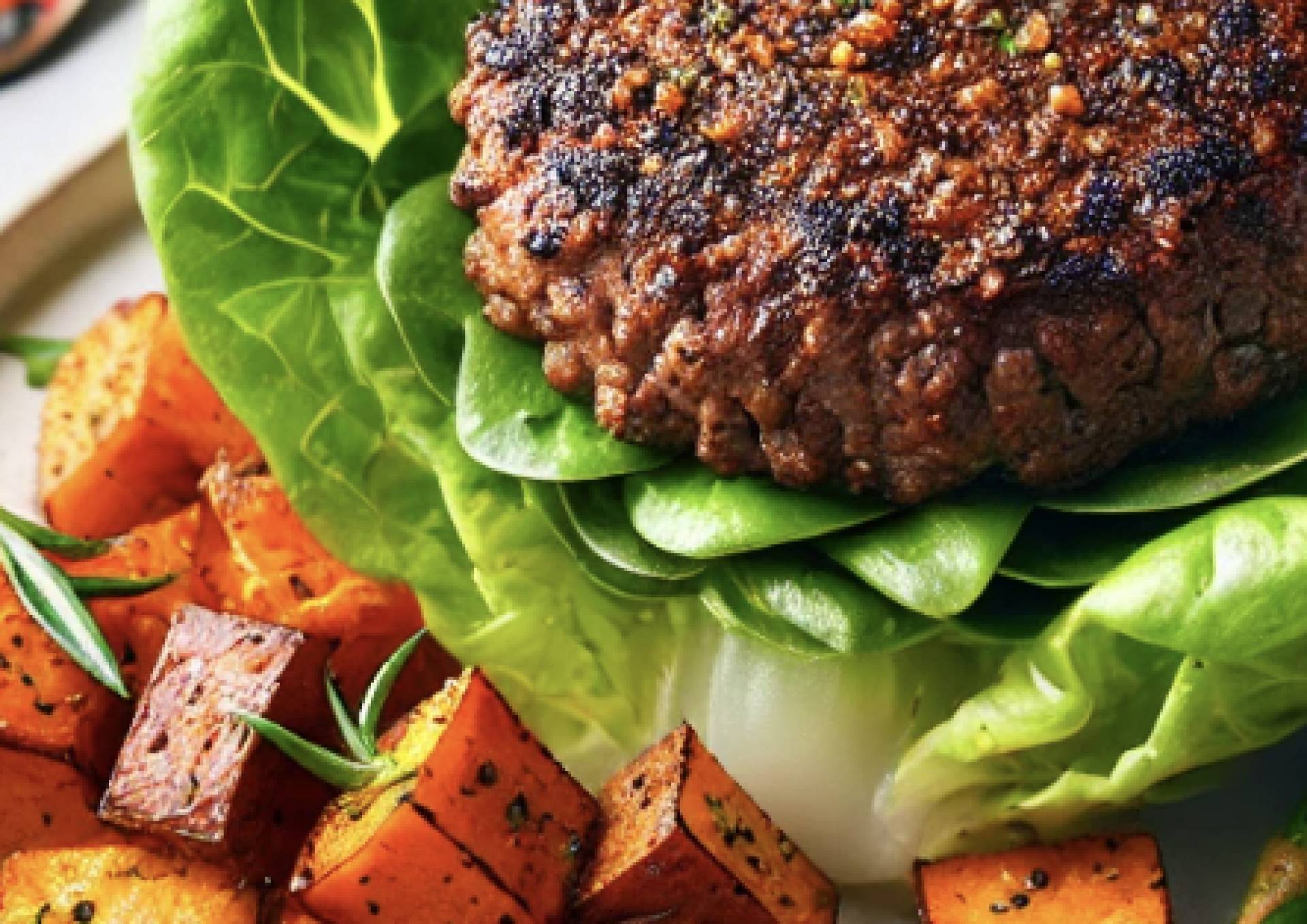 Grass Fed Basil Beef Burgers with Sweet Potato Wedges and Tomato Salad (GF/DF)