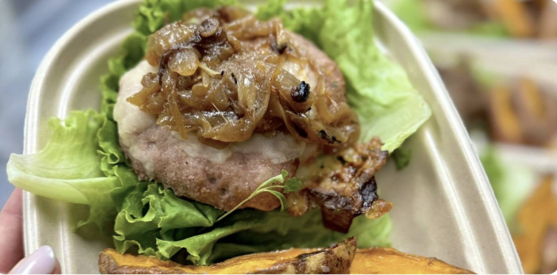 French Onion Turkey Burger with Yukon Potatoes and Bibb Lettuce Bun (GF)