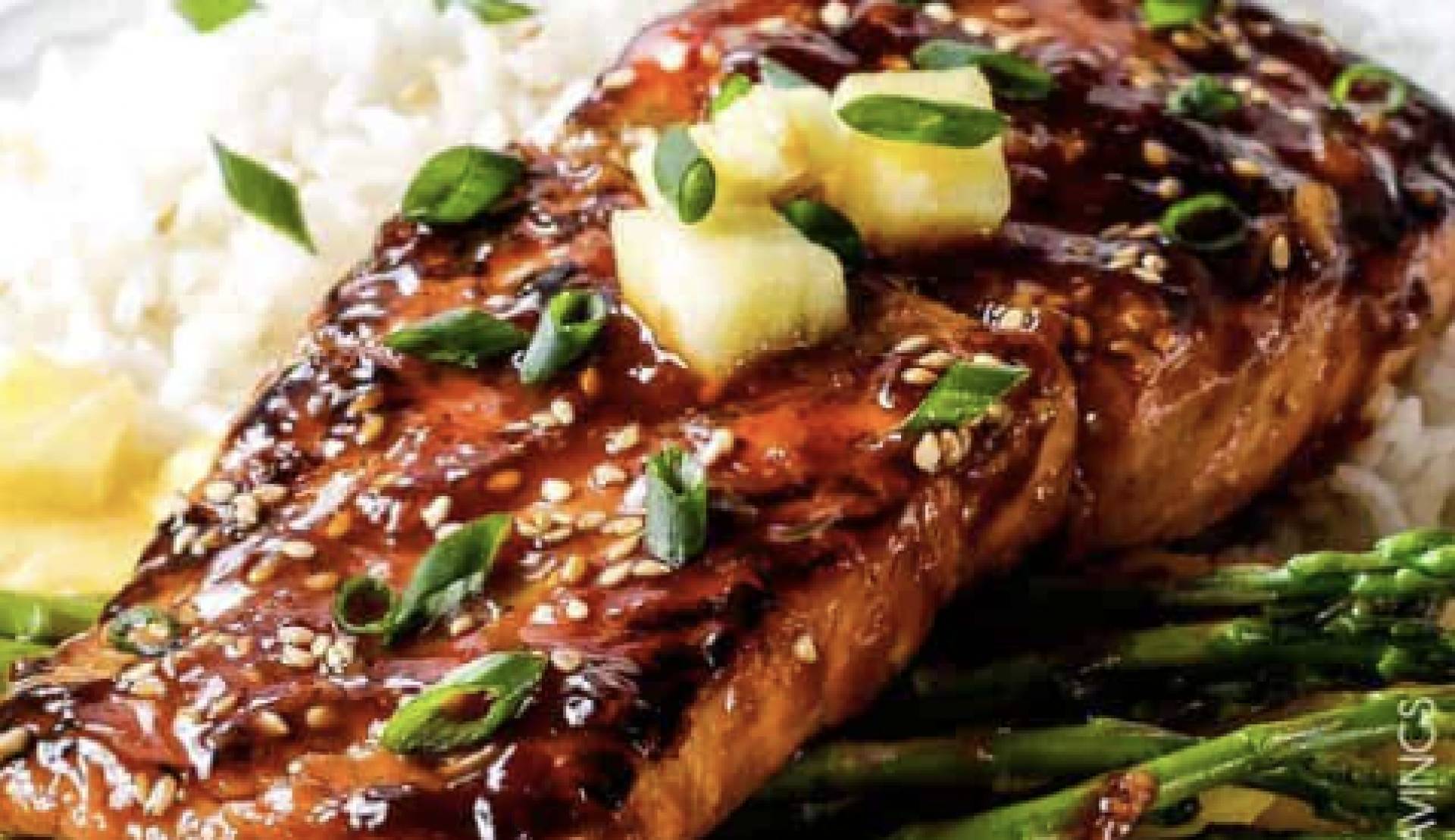 Ginger Honey BBQ Salmon over Rice with Green Beans and Sweet Peppers (GF/DF)