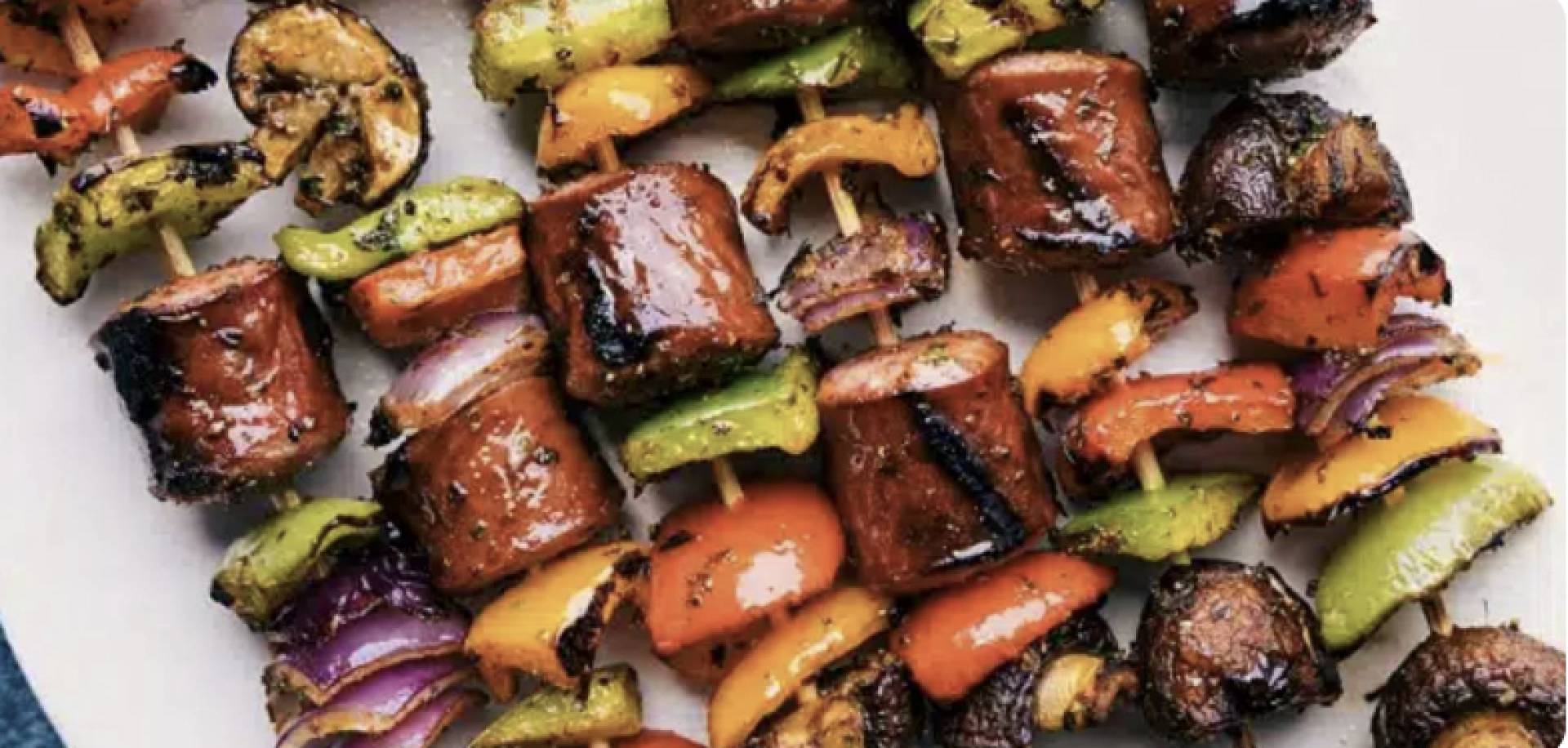 Sausage Pineapple Skewers over Pasta with Cilantro Vinaigrette (DF)