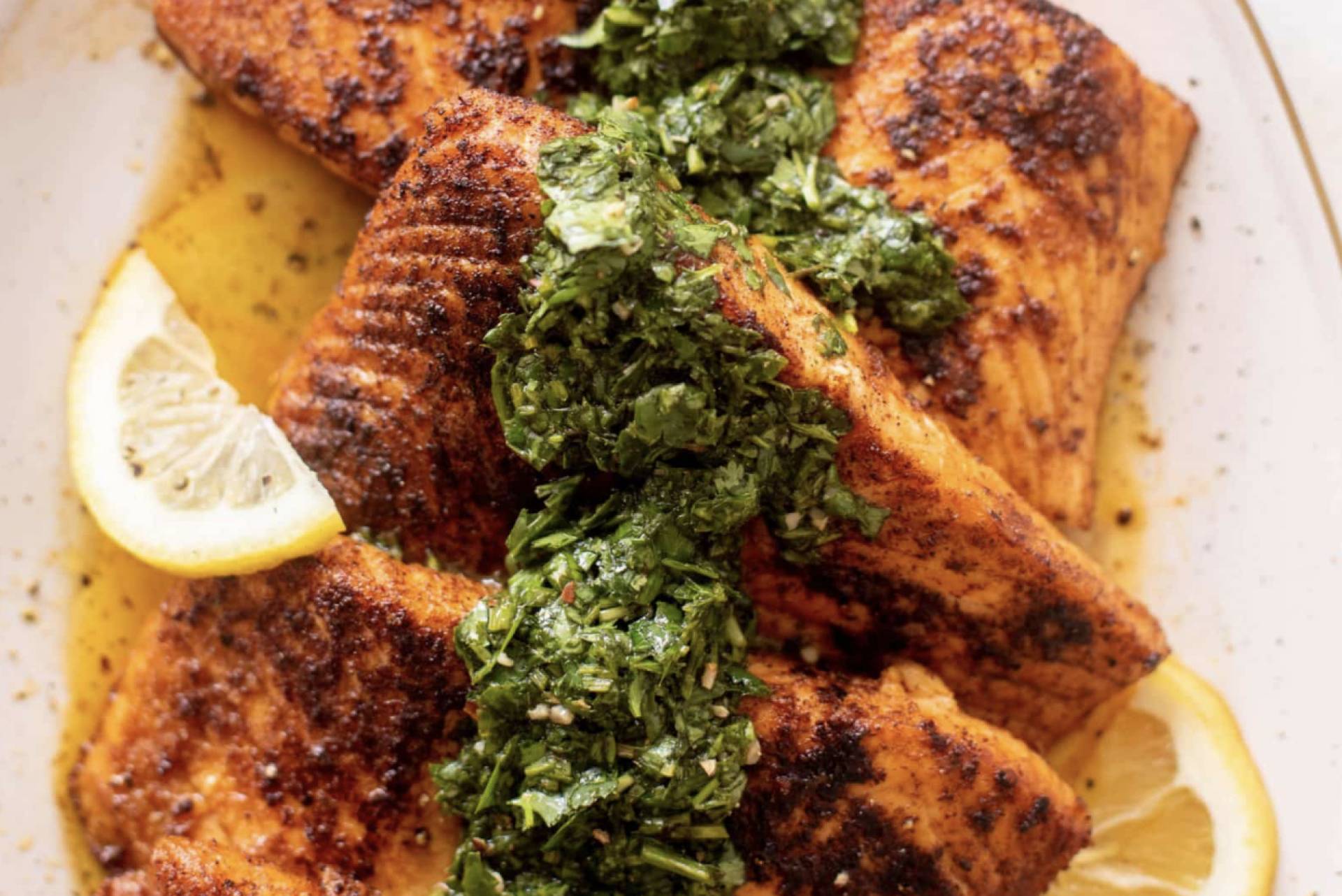 Chimichurri Blackened Salmon, Roasted Herby Potatoes, Cherry Tomatoes, and Asparagus (GF/DF)