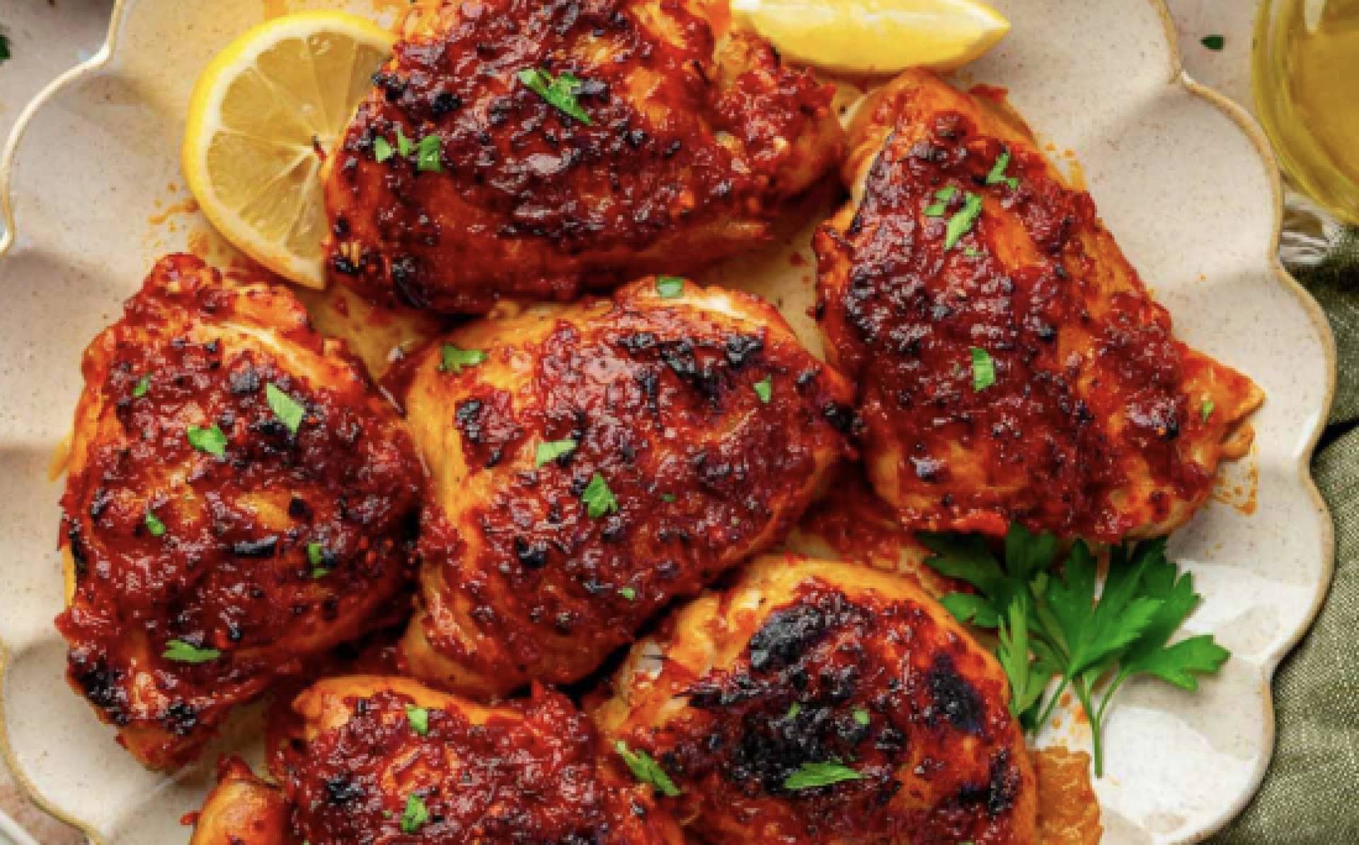 Honey Harissa Chicken Thigh with Turmeric Rice & Herby Cucumber Salad