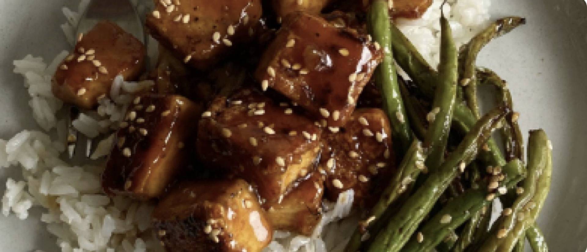 Grilled Honey Soy Marinated Tofu over Rice with Broccoli (DF/GF/V)