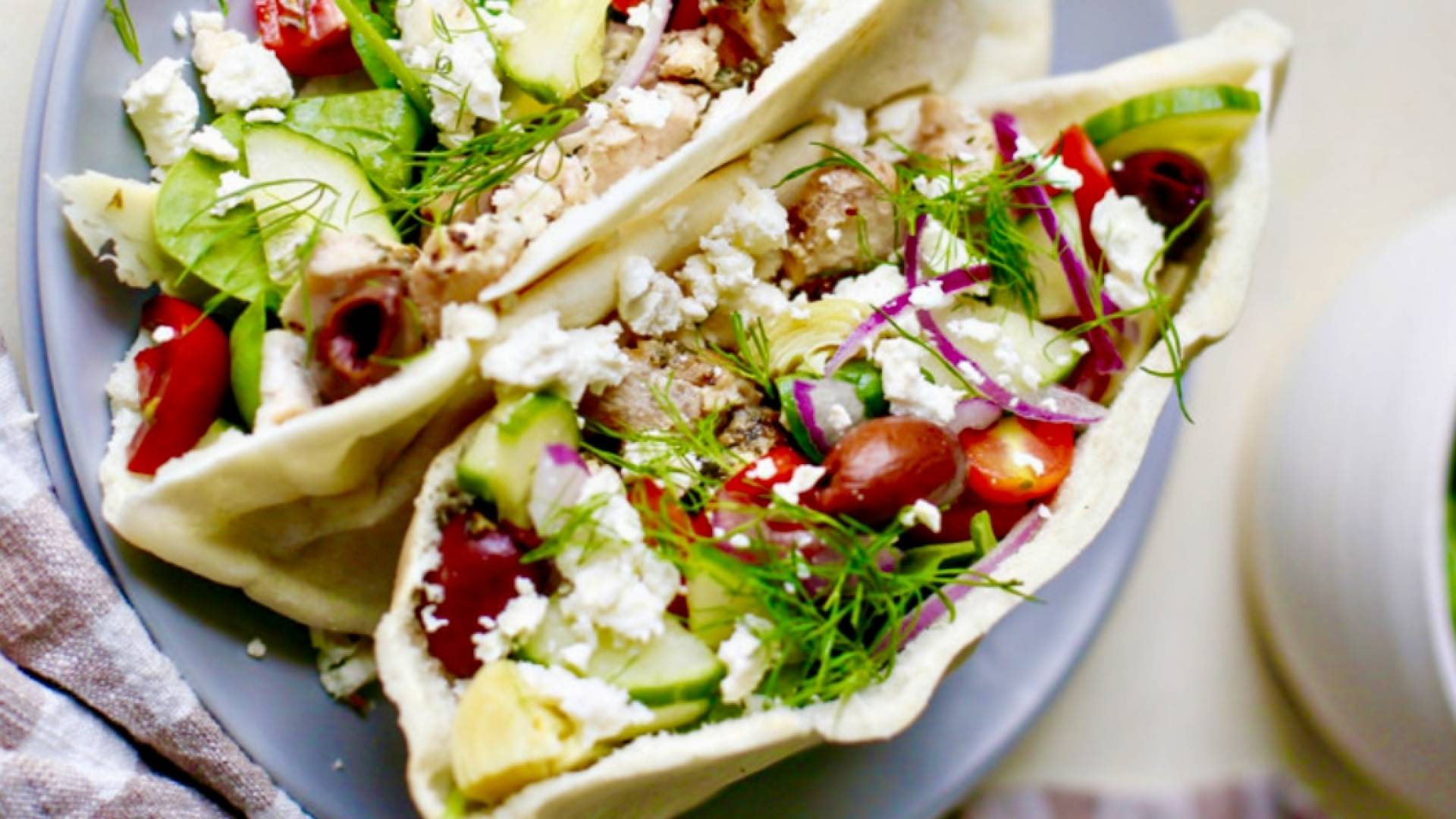 Bell and Evans Greek Chicken Pita with Radish, Spinach, Feta, Crispy Baked Potatoes, Fresh Dill