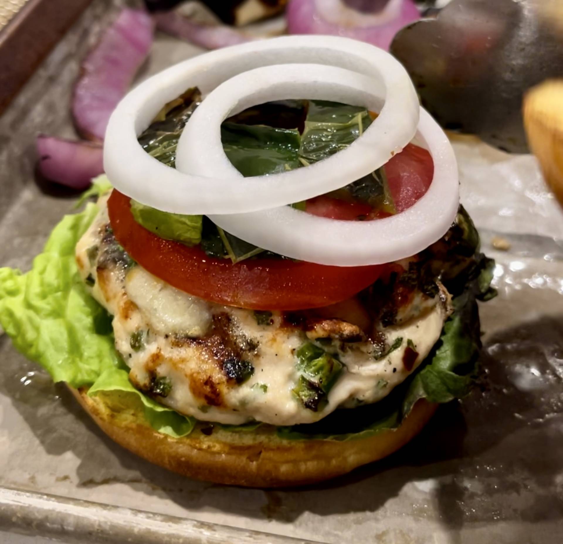 Charred Poblano Chicken Burgers with Lettuce, Tomato, White Onions, and Herby Sweet Potato Fries (GF/DF)
