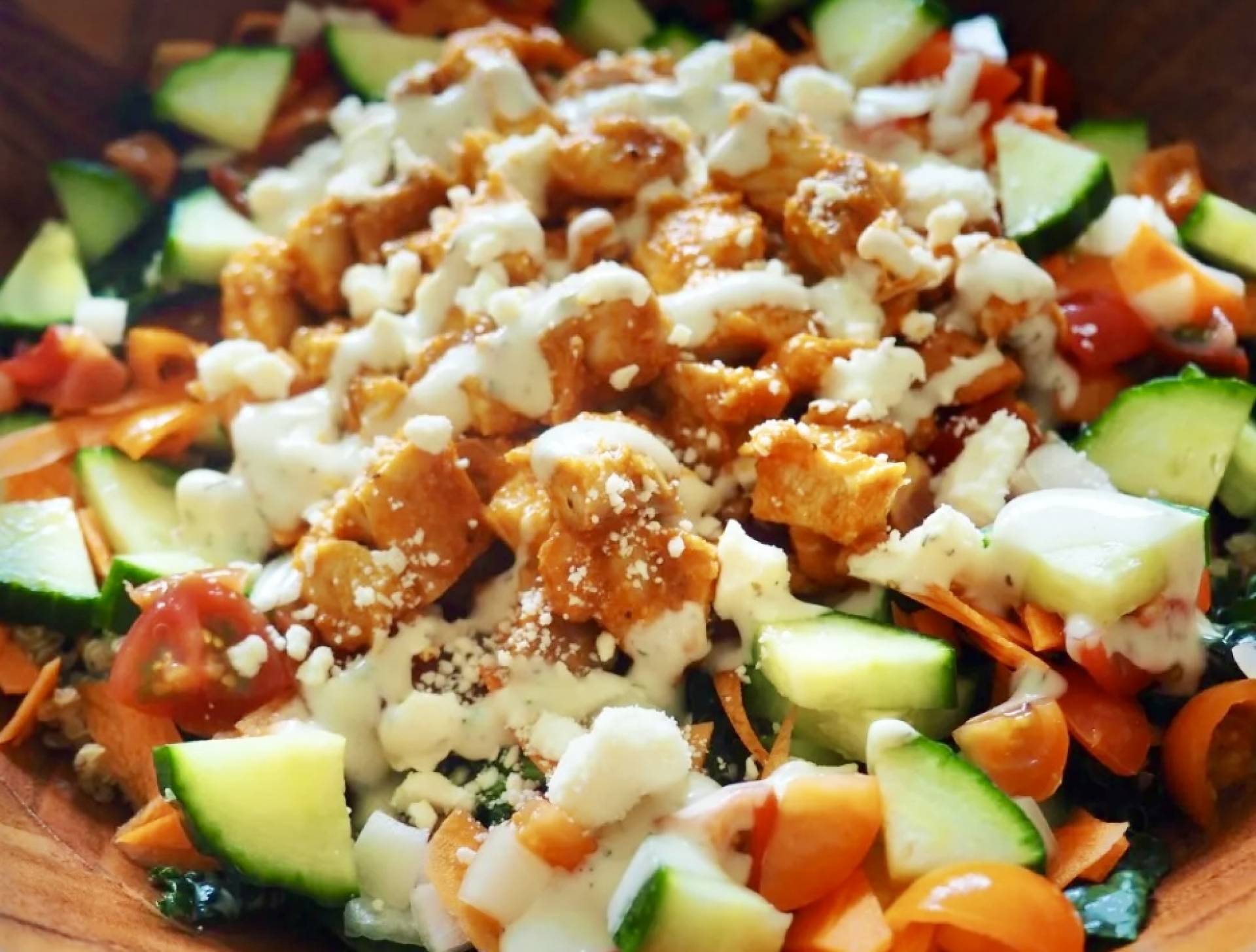 Grilled Buffalo Bell & Evans Chicken Breast with Kale Quinoa Salad with Celery, & Feta Crumbles (GF)