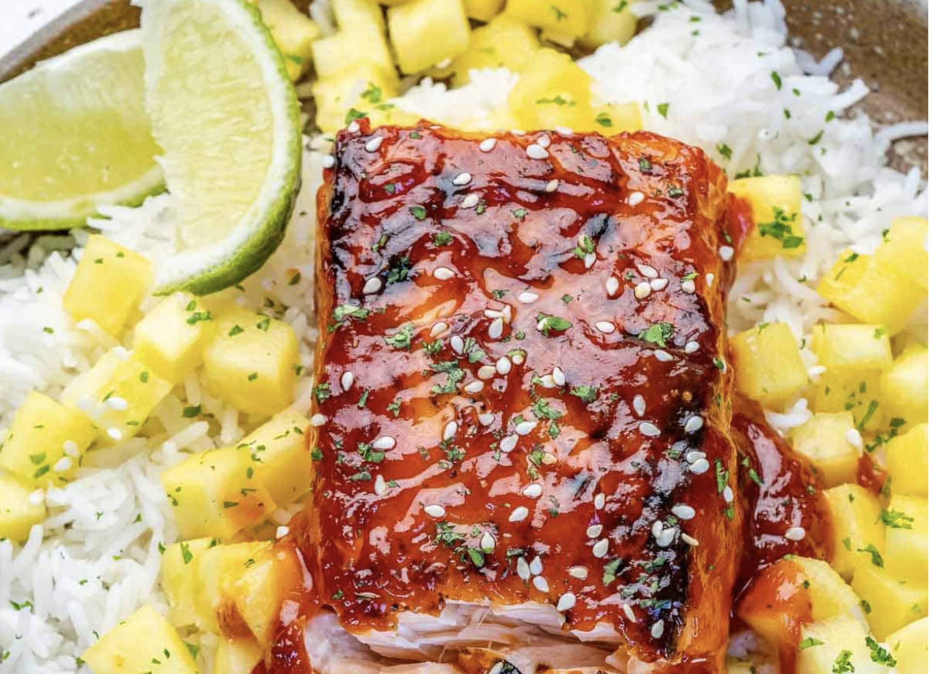 I.C. Sharks Ginger Honey BBQ Salmon with Green Beans and Sweet Peppers over Basmati Rice (GF/DF)