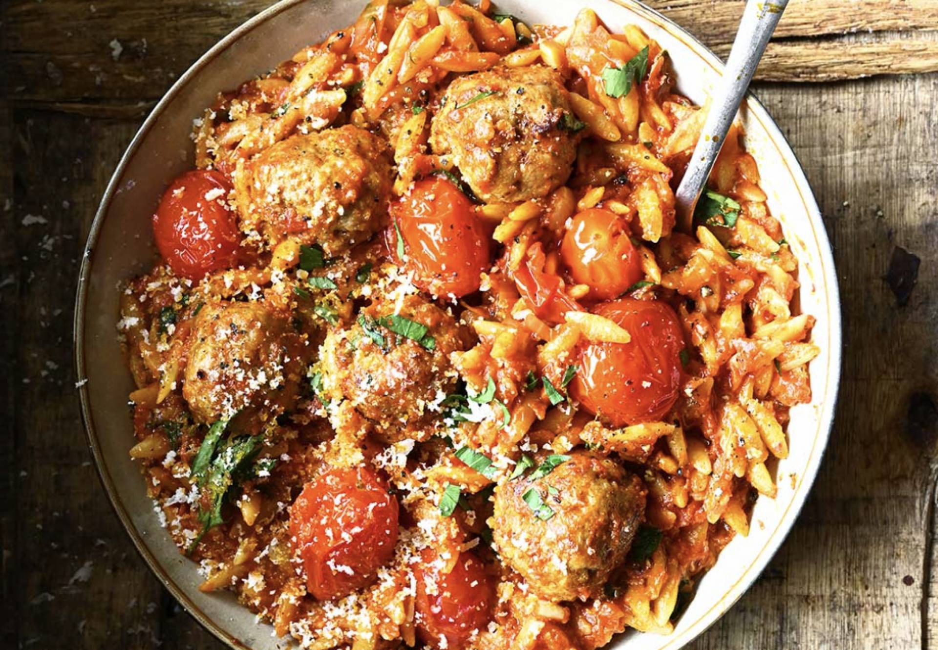 Providence Cattle Co. Grass Fed Meatballs over Organic Orzo Pasta with Marinara and Basil