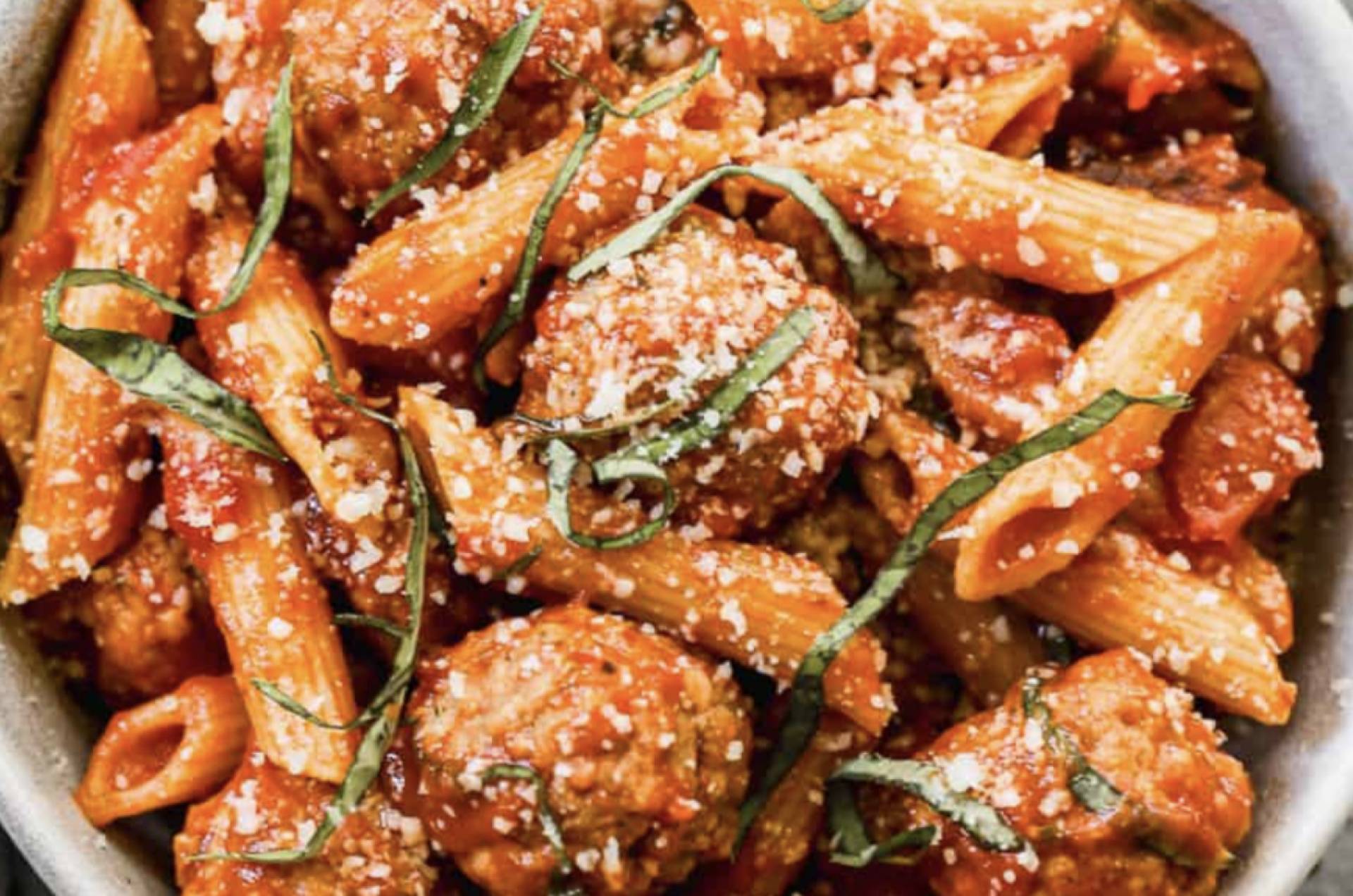 Grass Fed Meatballs over Penne Pasta w/ Parmesan, Marinara, Basil